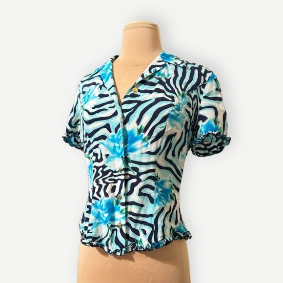 Escada Silk Blouse IT 34 US 4 Blue Abstract Print Gold Buttons EUC Ruffle - Picture 1 of 9